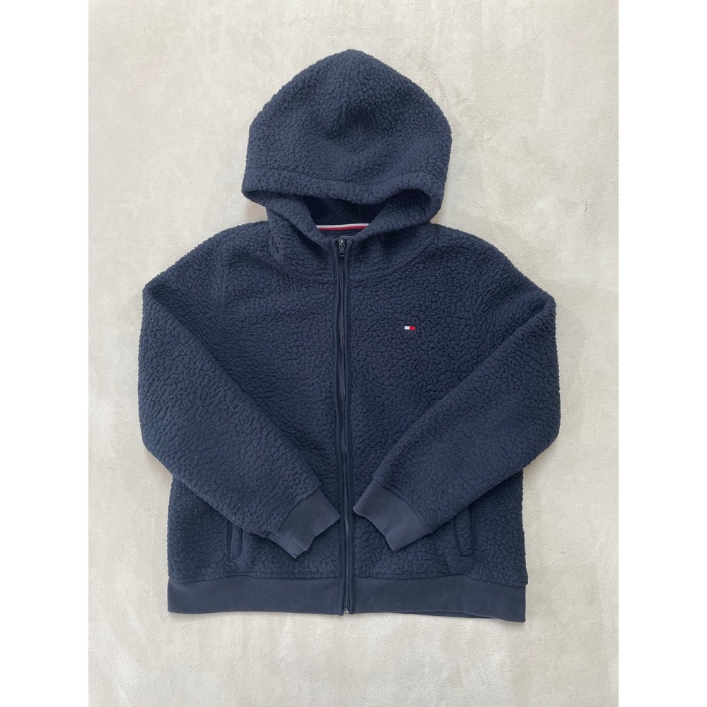 Tommy Hilfiger Womens Navy Blue Sherpa Faux Fur Full Zip Hoodie Jacket Large